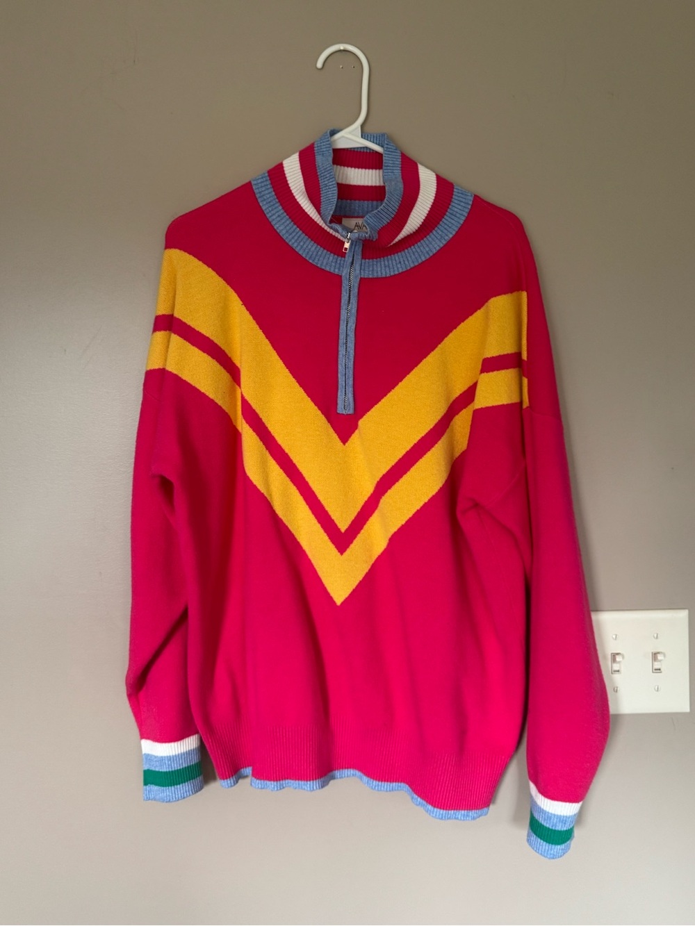 Men's Pink Zip-Up Sweater with Yellow Chevron